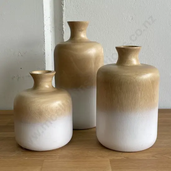 Trio of Wooden Scandi two tone Wooden Bottle Vases in graduating sizes