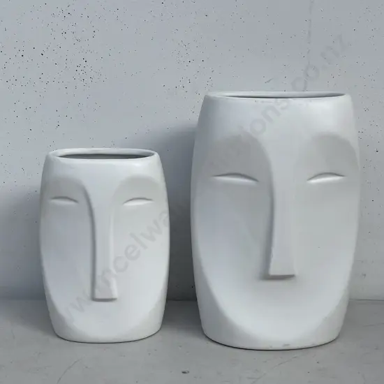 Pair MCM White Painted Face Vases H22 & 17cm