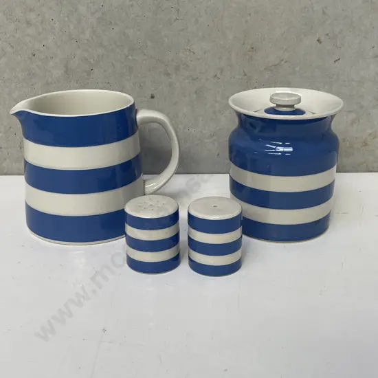 Cornish Ware (TG Green) Jug, Lidded Cannister and Salt and Pepper Shakers