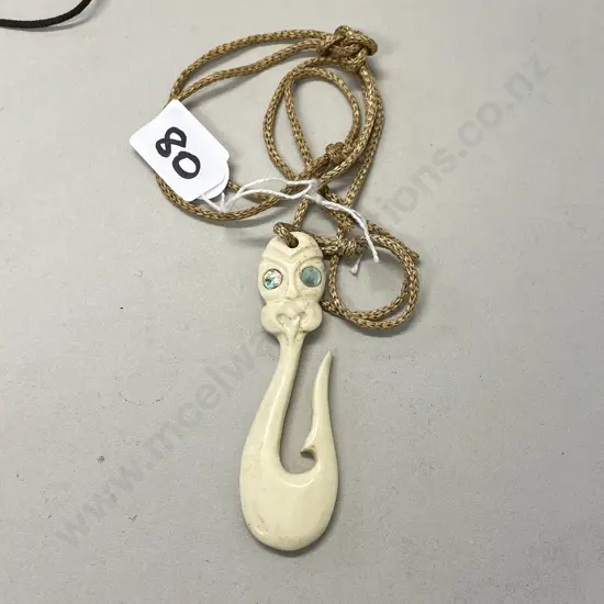 Carved Bone Fish Hook with Paua eyes on Rope Chain