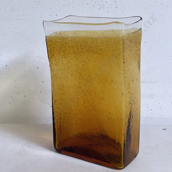 Mid Century Style Amber Art Glass Bubble Vase. Rectangular. H21cm