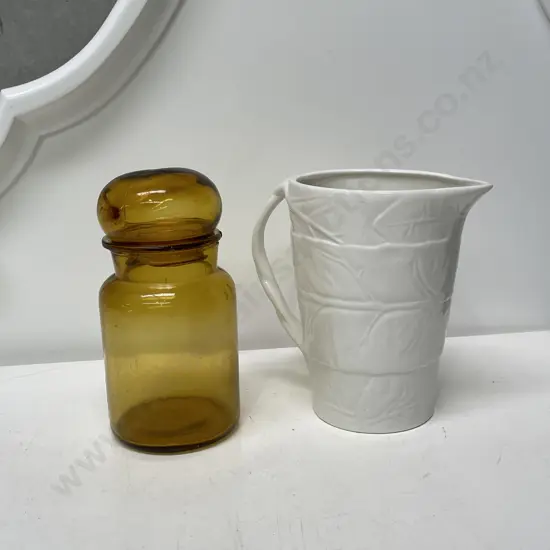 White Painted Relief Pitcher with Amber Glass Cannister