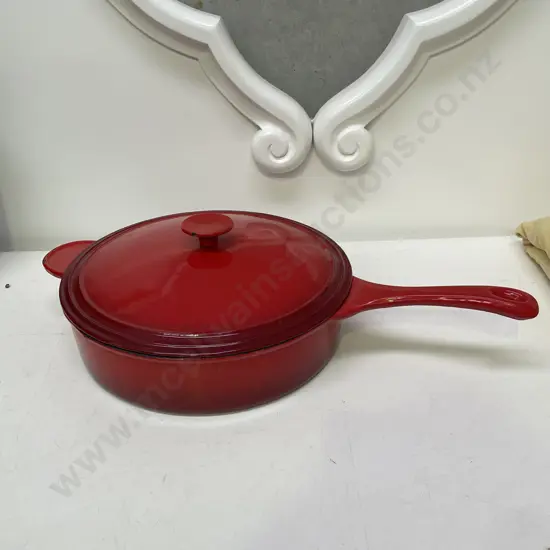 Cast Enamel Large Lidded Pan. Rich red colour