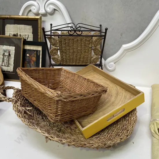 Assortment of Trays with Metal/Wicker Magazine Rack