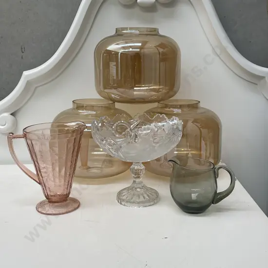 Vintage Glassware including 3 large amber glass shades