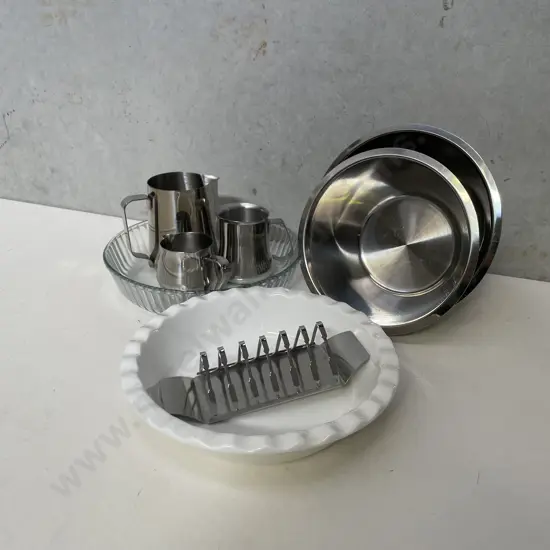 Assortment of Stainless Steel Kitchenware with Ovenware Flan Dishes
