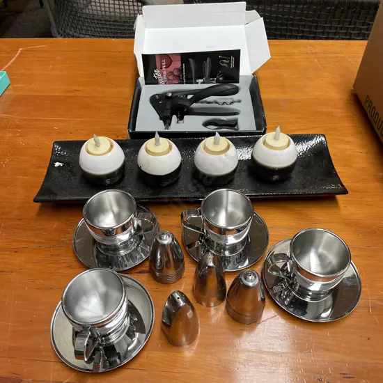 Boxed Hunter Cork-Pull, Stainless Steel Duos x 4 with Salt and Pepper Shakers with Candle Holder Tray with 4 candle pots