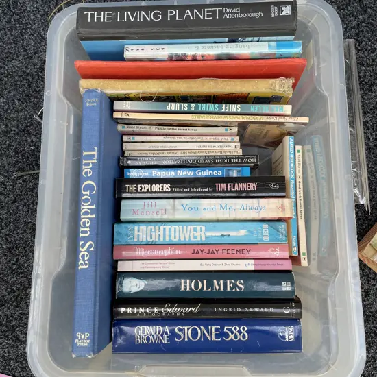 Plastic Container of Assorted Books