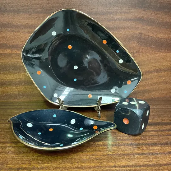 Pair Mid Century Harlequin Dot dishes on black ground with large Dice