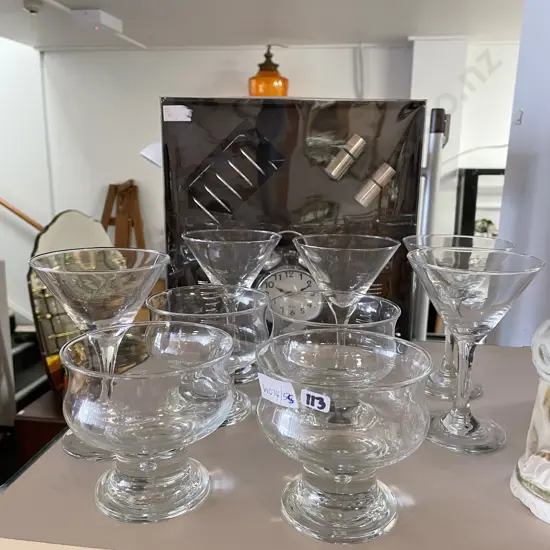 Set of 5 Martini Glasses with four Crown Corning Glass Footed Sweet dishes with Boxed as new egg set with clock Timer