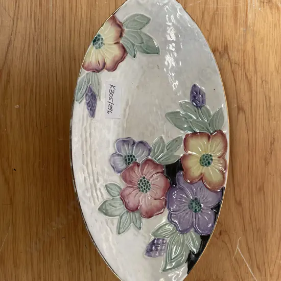 Maling? Lustre Boat dish with handpainted relief floral decoration. 25 x 13cm