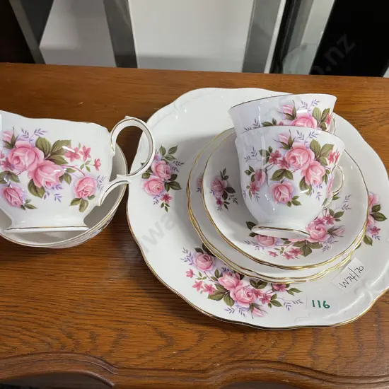 Queen Anne Teaware. Pink rose pattern. Cake plate, sugar, milk jug and 2 x trios