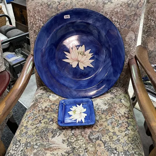 Large Christopher Vine Design Art Pottery Platter, Dia 43cm, with Square PLate 15cm. Water Lilly Pattern