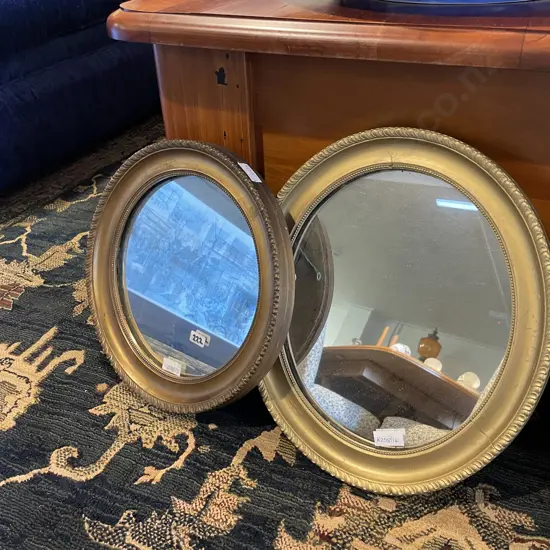 Pair of Vintage Wooden Framed Gold Painted Round and Oval Mirrors with original wooden Back. DIa32cm and 37x32cm