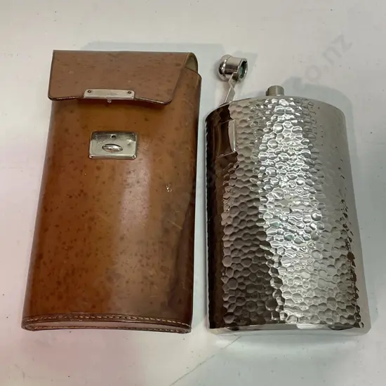 Vintage Leather Cased Large Hip Flask. Beaten Chrome effect H22cm
