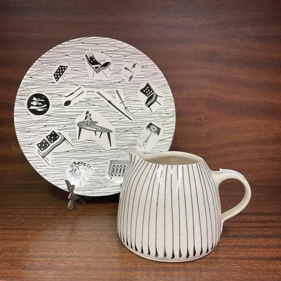 Ridgway Homemaker Plate D25.5cm with Mid Century Striped black and white jug H12cm