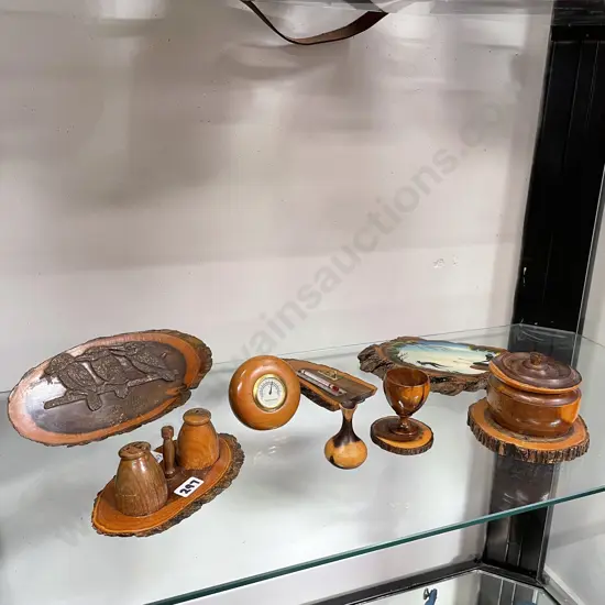 Assortment of Vintage Wooden items including pots, temp guages etc