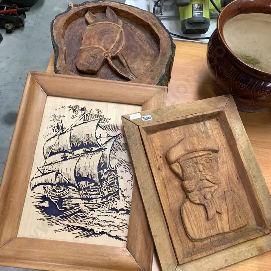 Carved Horse Head in Wooden Slab (43 x 37cm) with Framed wooden Historic Sailing Ship and Framed Carved Bust of a Man
