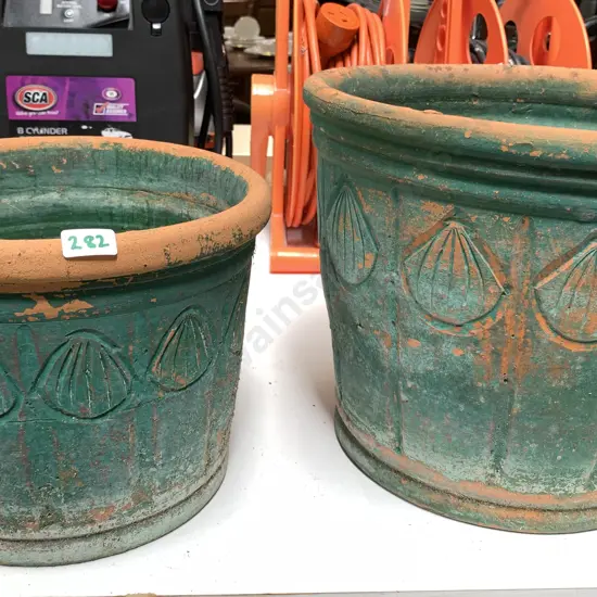 Pair of Green Painted Terracotta Plant Pots, Shell Design. H25 Dia30cm, H20 Dia25cm