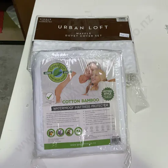 Urban Loft White Waffle Single Duvet Set with Cotton Bamboo Fitted mattress protector