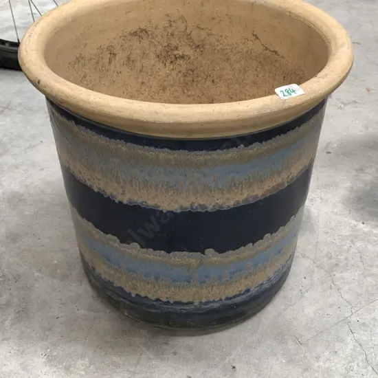 Large Stoneware Plant Pot with Glazed Blue Decoration. H32 Dia34cm