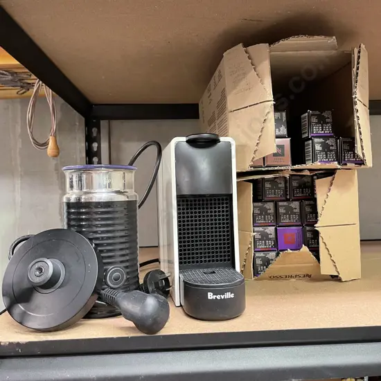 Breville Nespresso Machine with extras and large assortment of pods