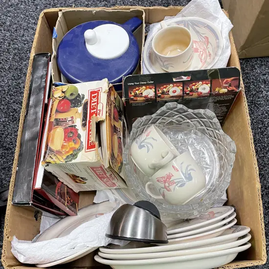 Box lot of assorted Kitchen items including Crystal Bowls and English Dinner Set